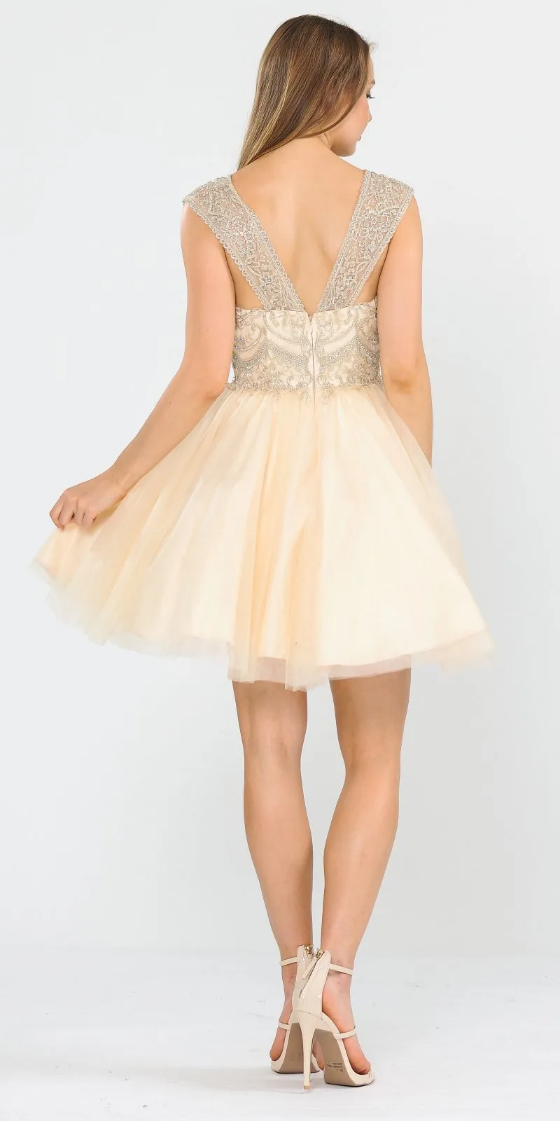 Poly USA 8284 V-Neck Embroidered Short Dress