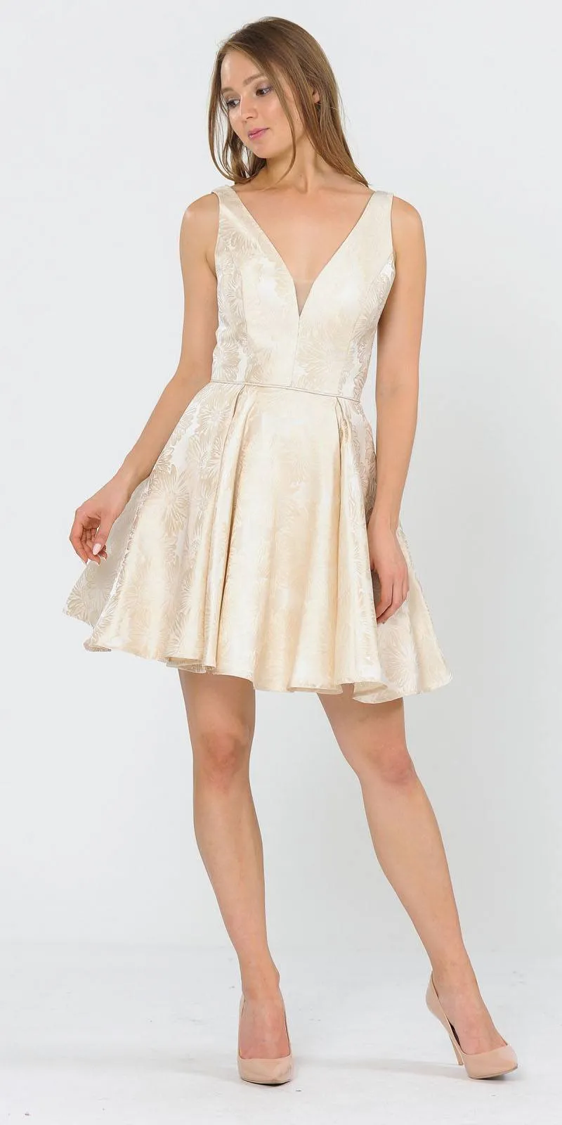 Poly USA 8366 V-Neck and Back Flower Print A-Line Short Dress