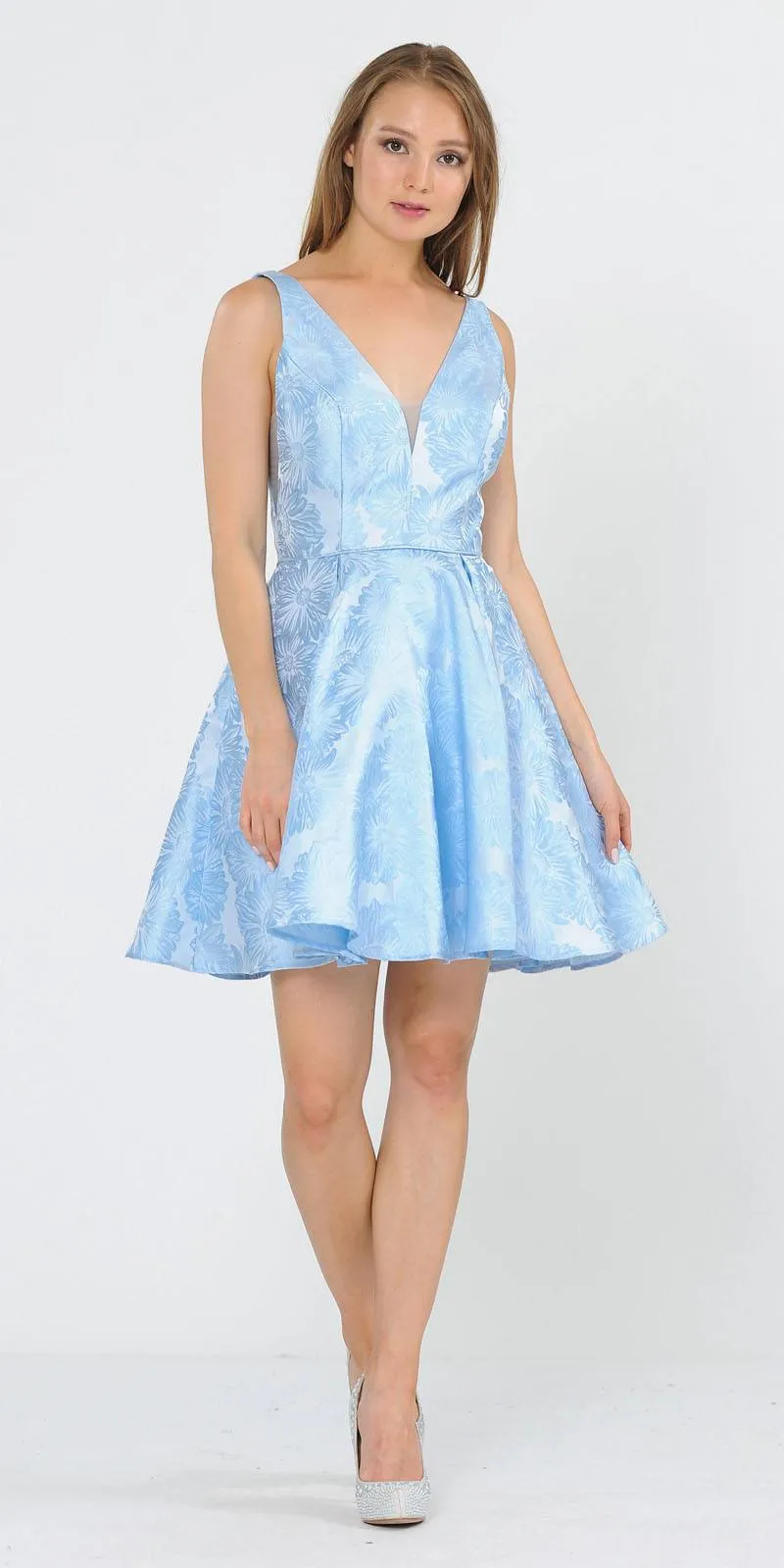 Poly USA 8366 V-Neck and Back Flower Print A-Line Short Dress