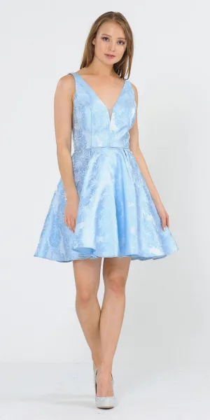 Poly USA 8366 V-Neck and Back Flower Print A-Line Short Dress