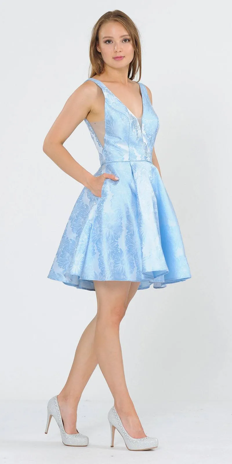 Poly USA 8366 V-Neck and Back Flower Print A-Line Short Dress