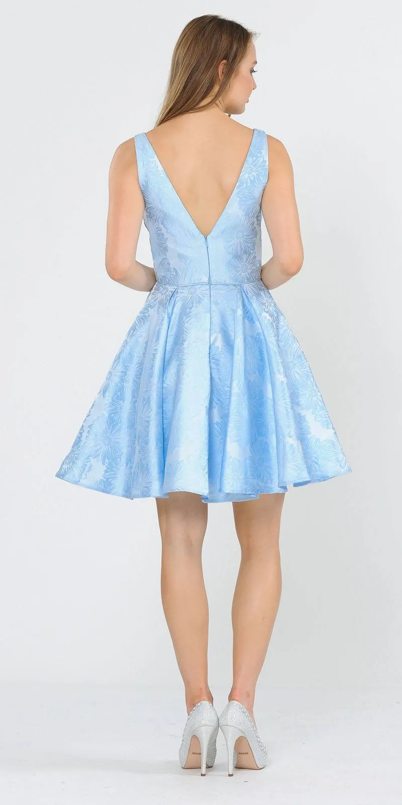 Poly USA 8366 V-Neck and Back Flower Print A-Line Short Dress