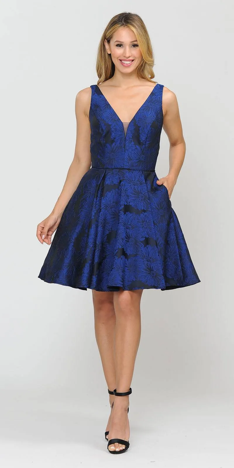 Poly USA 8366 V-Neck and Back Flower Print A-Line Short Dress