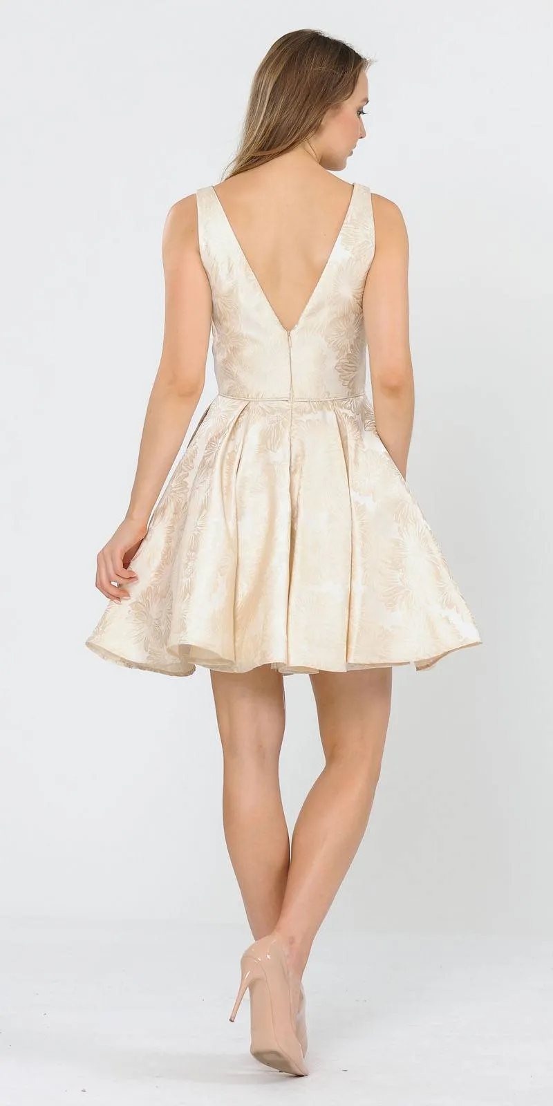 Poly USA 8366 V-Neck and Back Flower Print A-Line Short Dress
