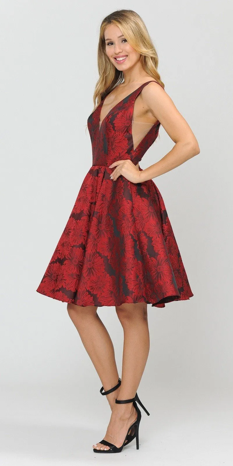 Poly USA 8366 V-Neck and Back Flower Print A-Line Short Dress