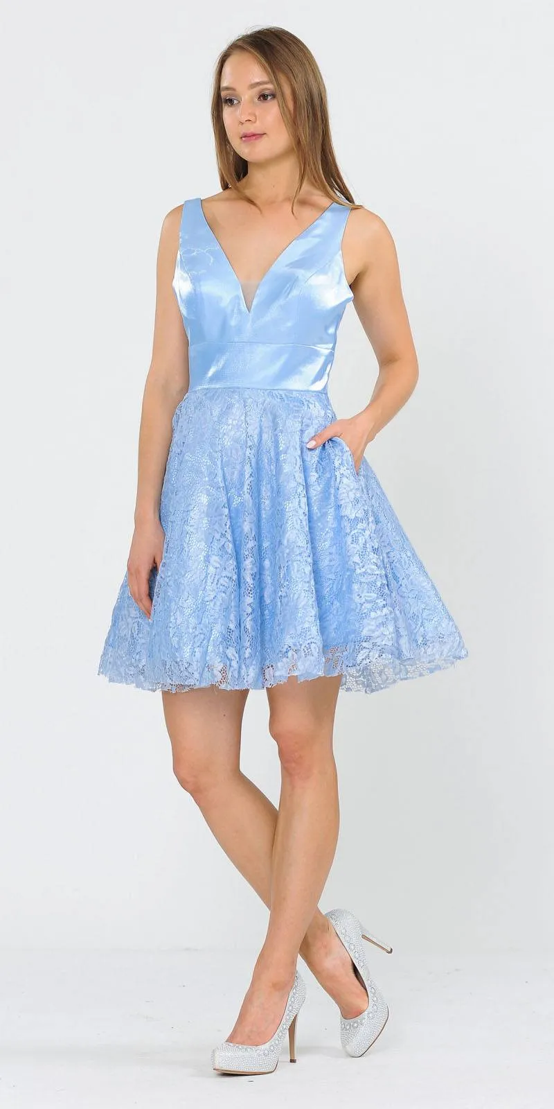 Poly USA 8418 V-Neck Short Dress with Pockets