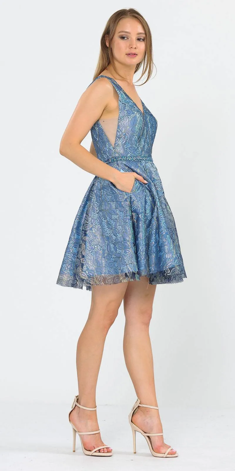Poly USA 8504 A-Line Short Glitter Lace Dress with Pockets