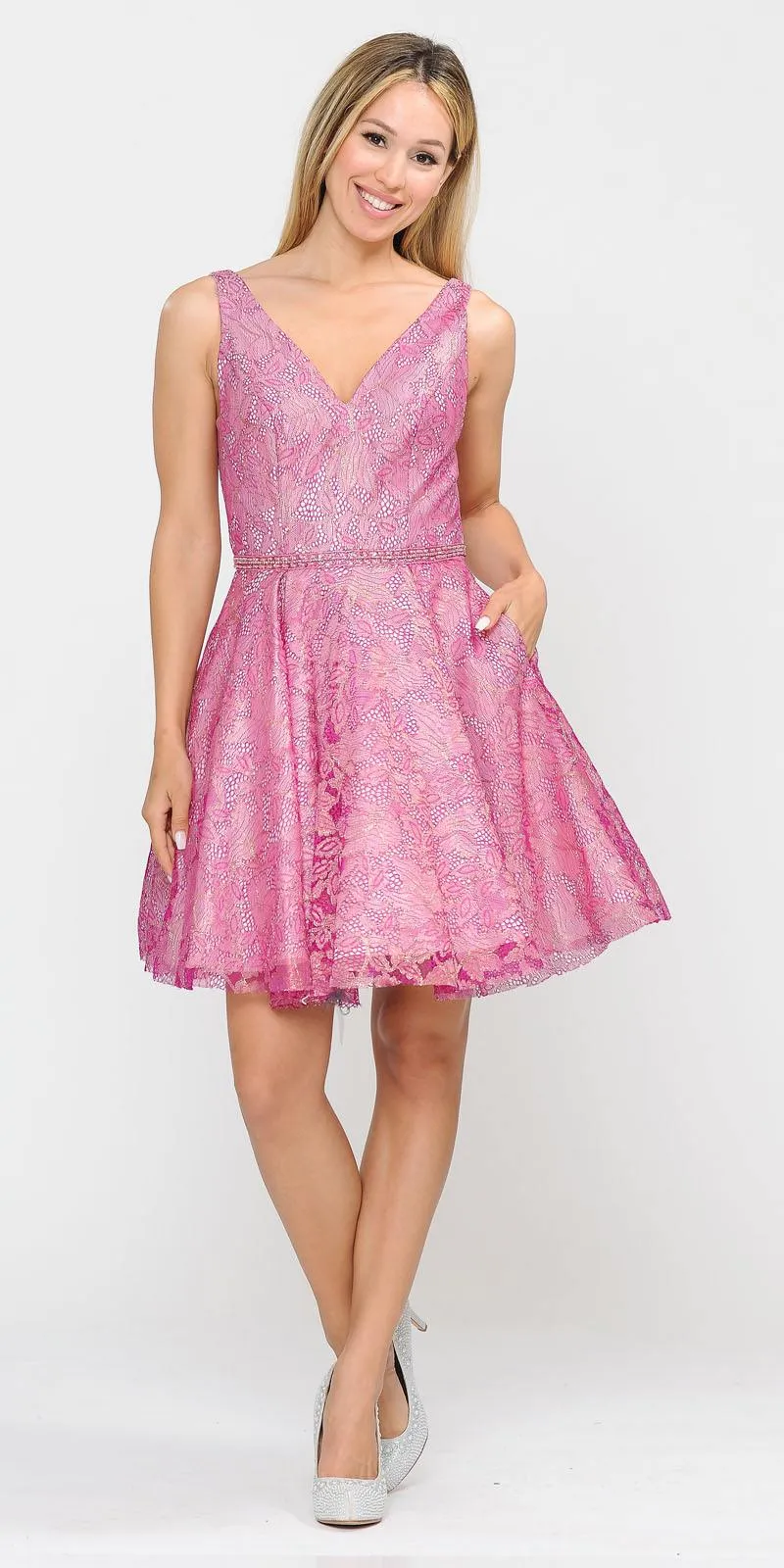 Poly USA 8504 A-Line Short Glitter Lace Dress with Pockets
