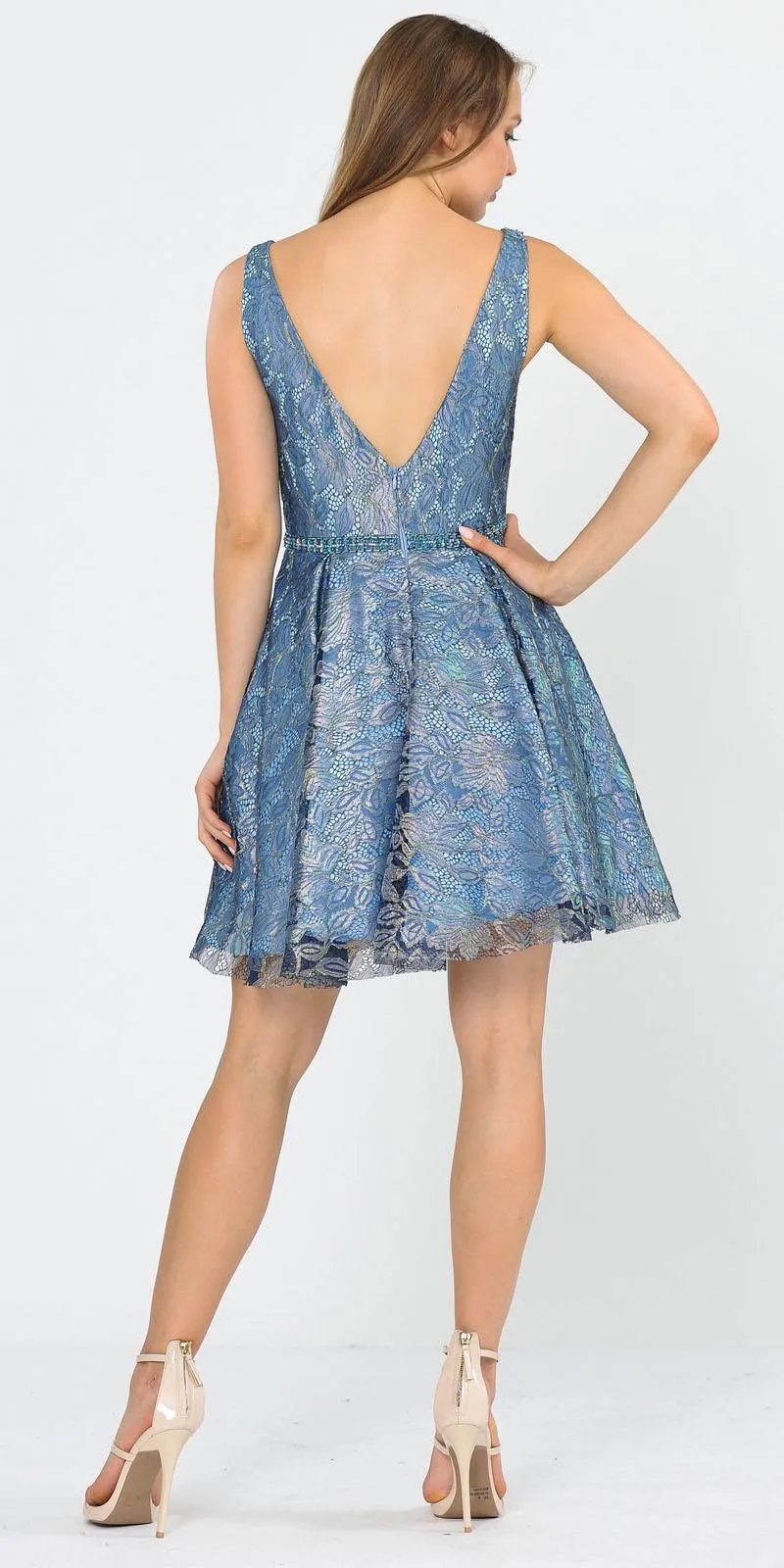 Poly USA 8504 A-Line Short Glitter Lace Dress with Pockets