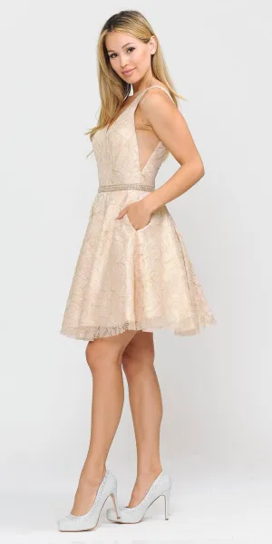 Poly USA 8504 A-Line Short Glitter Lace Dress with Pockets