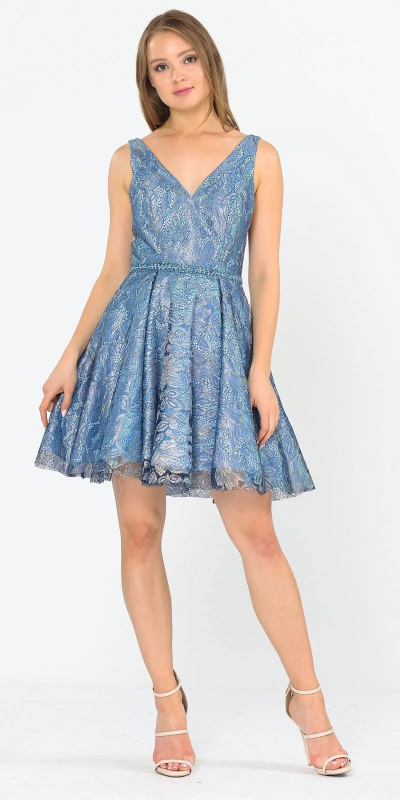Poly USA 8504 A-Line Short Glitter Lace Dress with Pockets
