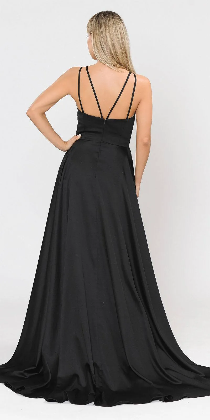 Poly USA 8606 V-Neck Long Romper Prom Satin Dress with Pockets