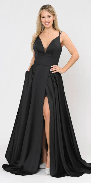Poly USA 8606 V-Neck Long Romper Prom Satin Dress with Pockets