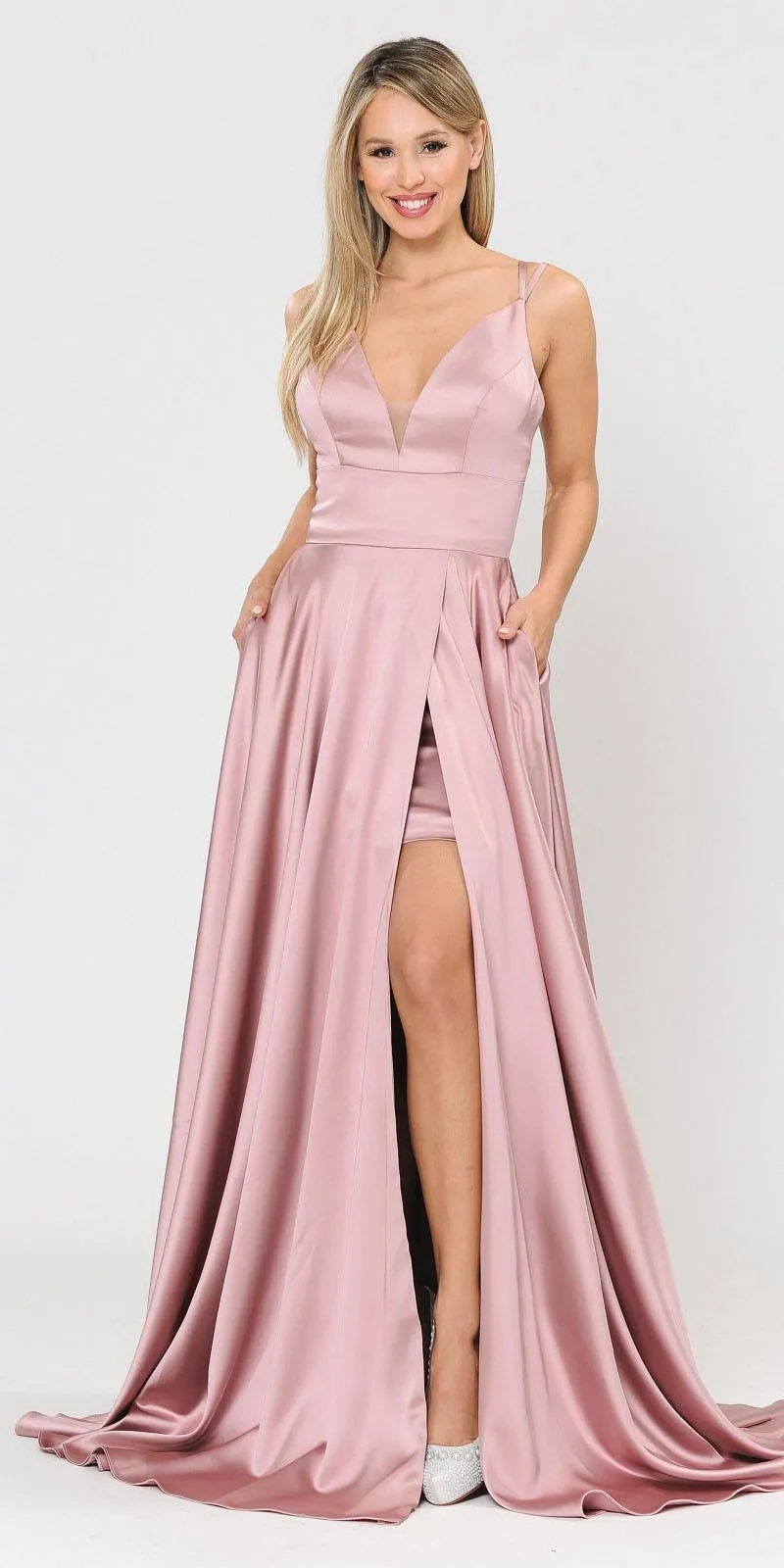 Poly USA 8606 V-Neck Long Romper Prom Satin Dress with Pockets