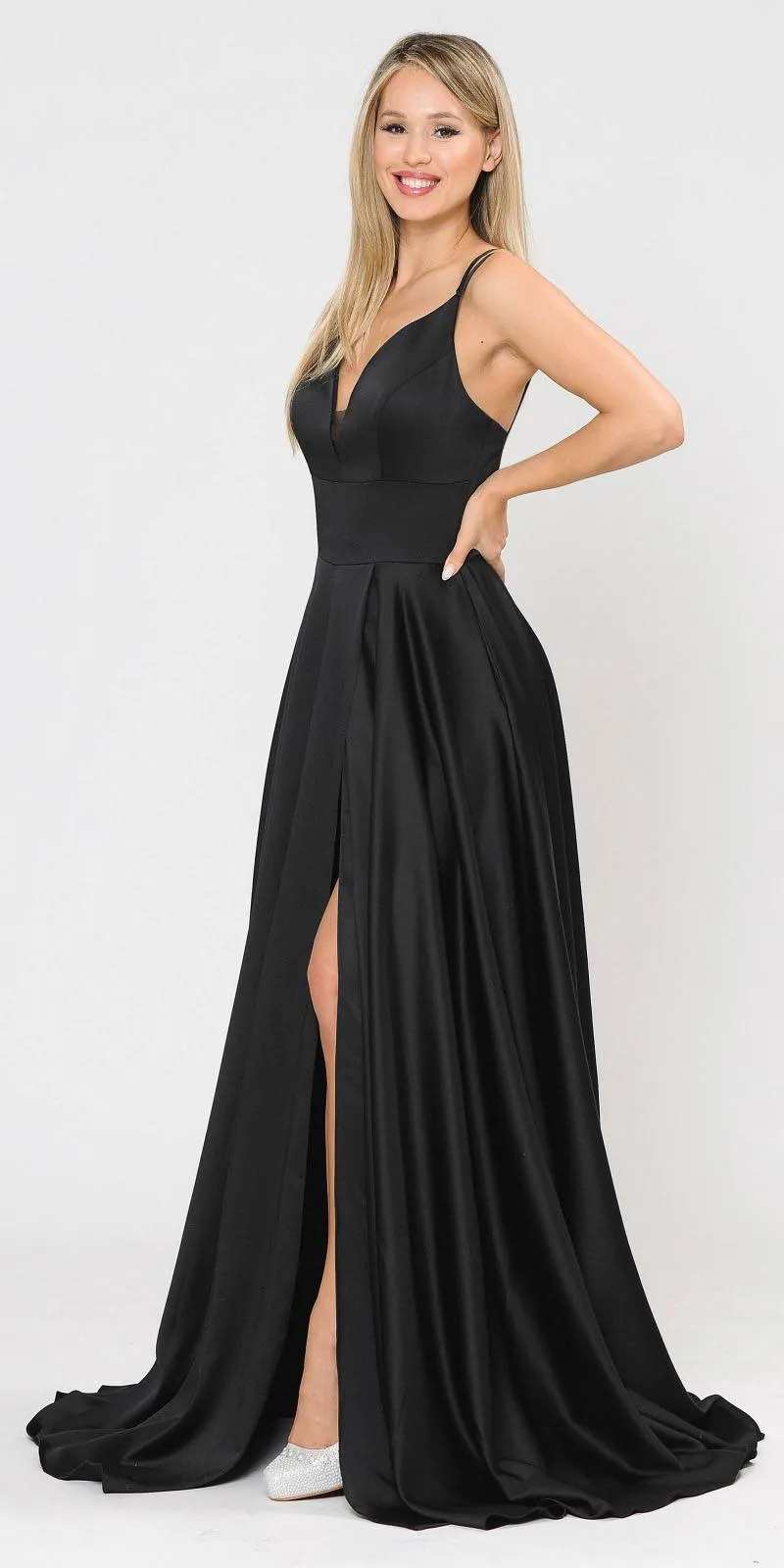 Poly USA 8606 V-Neck Long Romper Prom Satin Dress with Pockets
