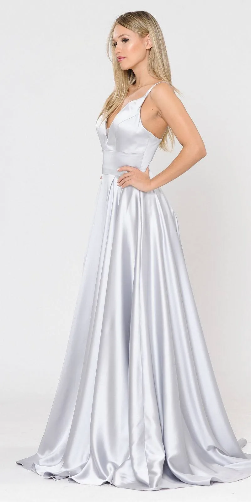 Poly USA 8606 V-Neck Long Romper Prom Satin Dress with Pockets