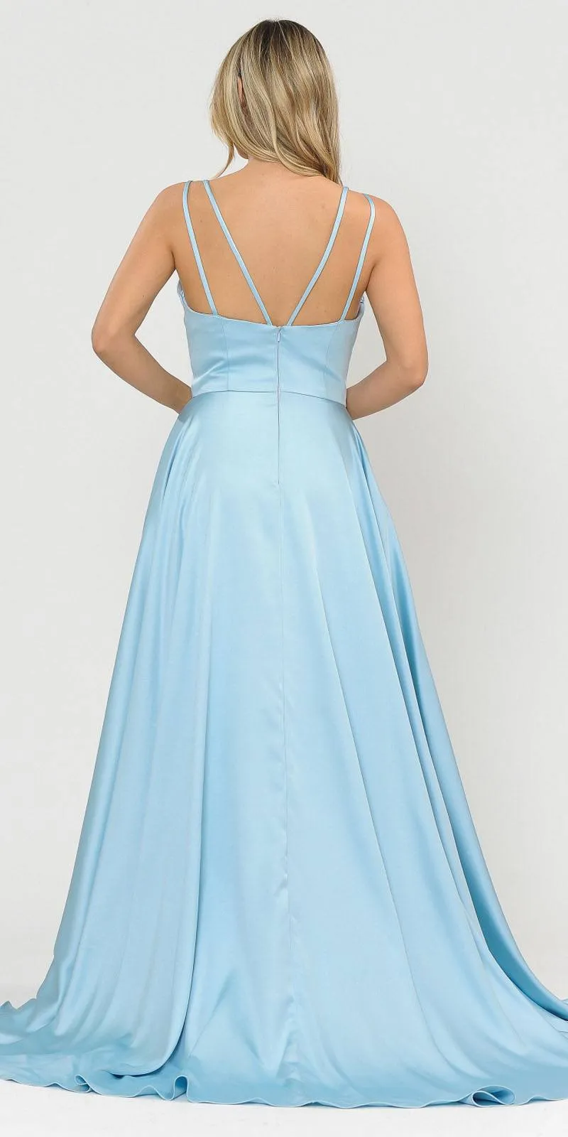 Poly USA 8606 V-Neck Long Romper Prom Satin Dress with Pockets