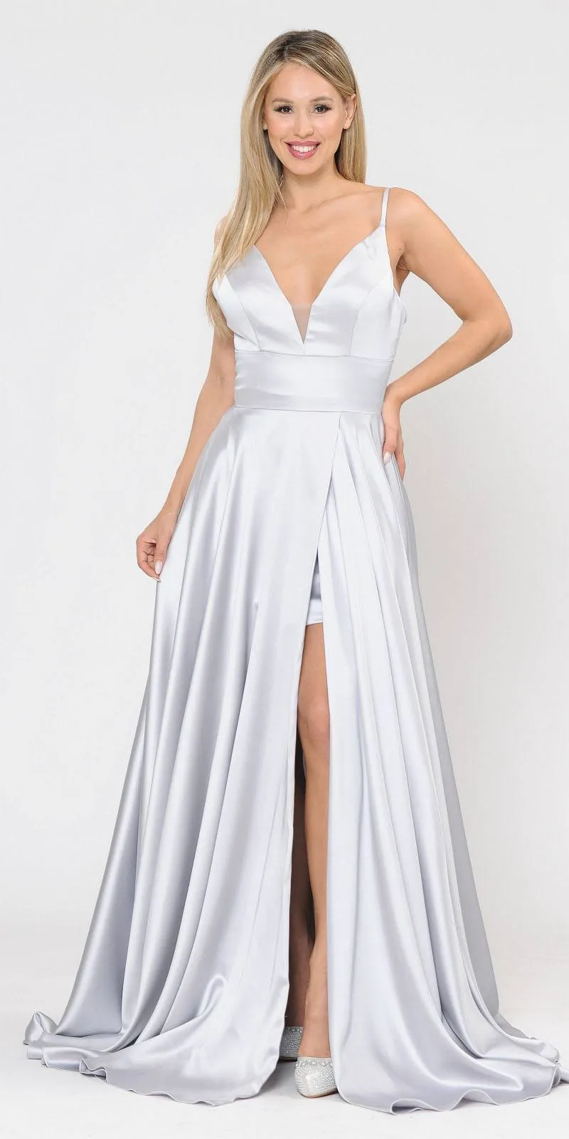 Poly USA 8606 V-Neck Long Romper Prom Satin Dress with Pockets