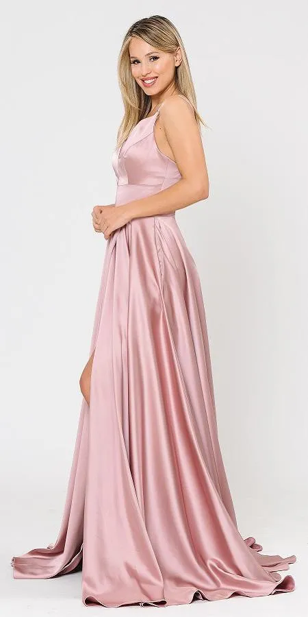 Poly USA 8606 V-Neck Long Romper Prom Satin Dress with Pockets