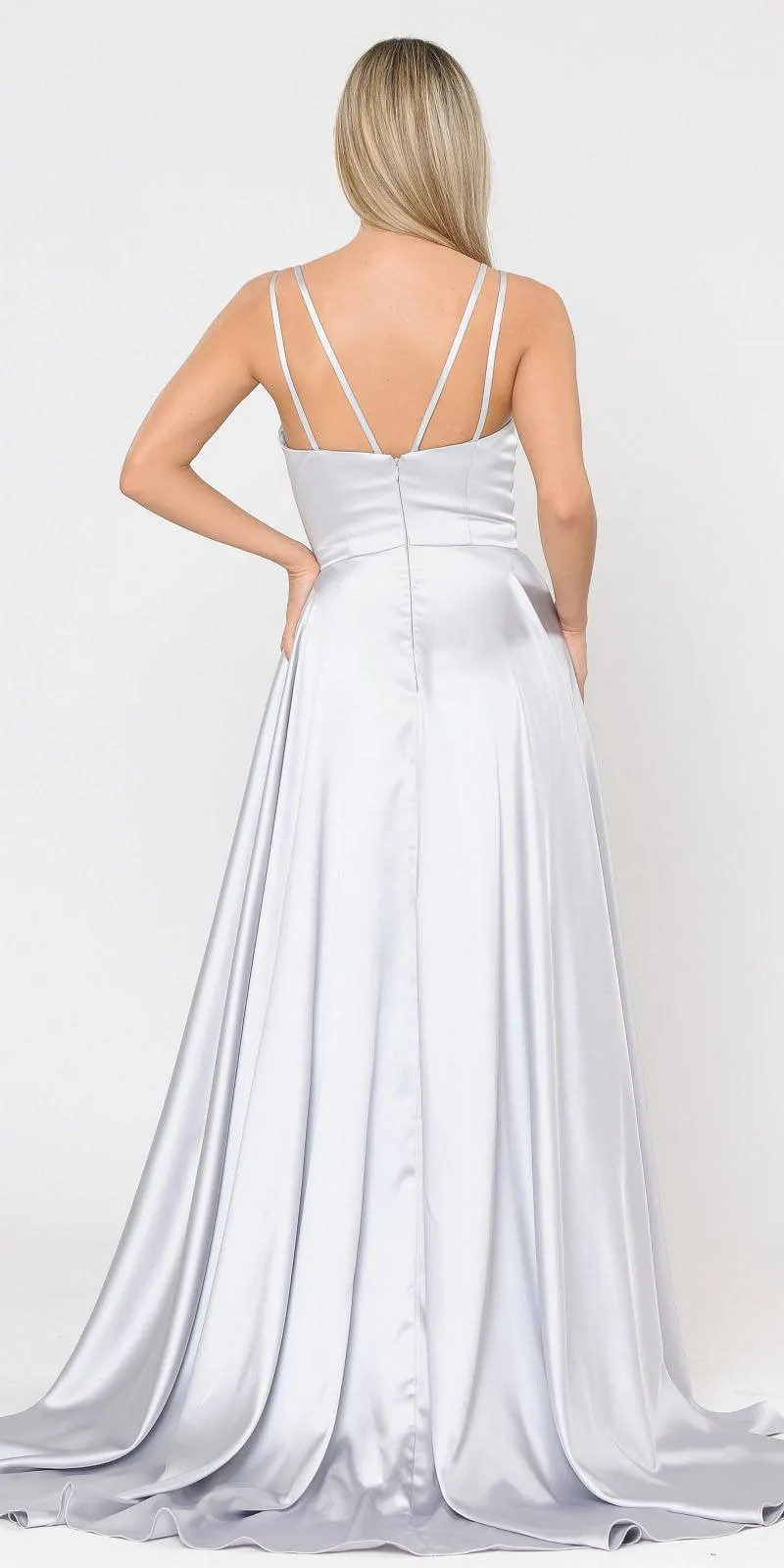 Poly USA 8606 V-Neck Long Romper Prom Satin Dress with Pockets