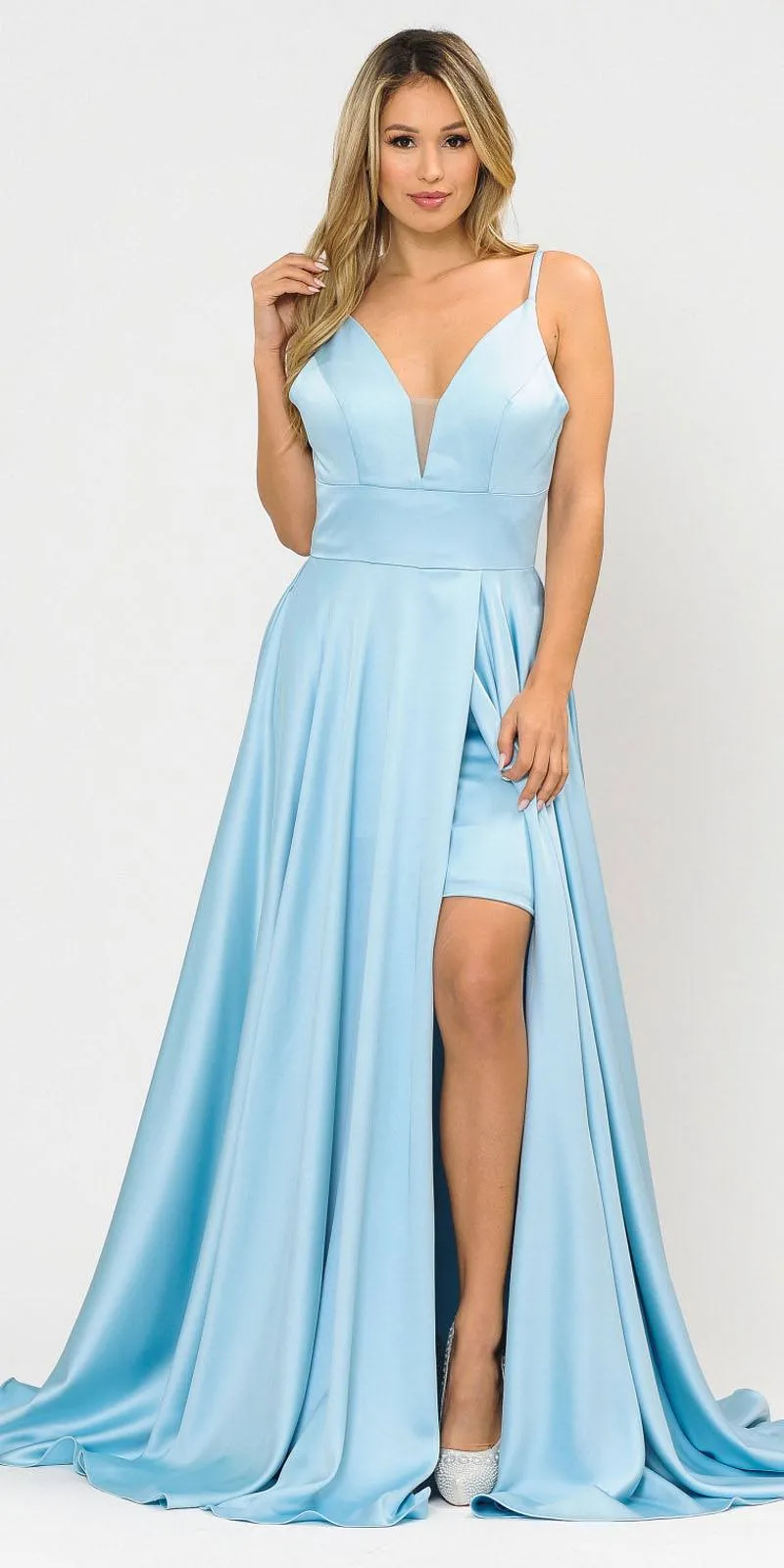 Poly USA 8606 V-Neck Long Romper Prom Satin Dress with Pockets