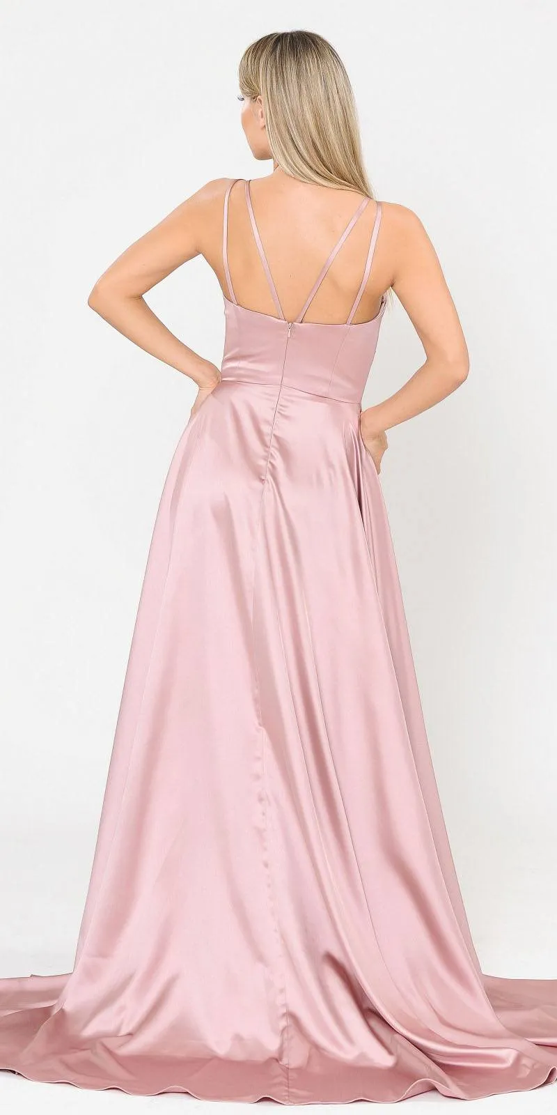 Poly USA 8606 V-Neck Long Romper Prom Satin Dress with Pockets