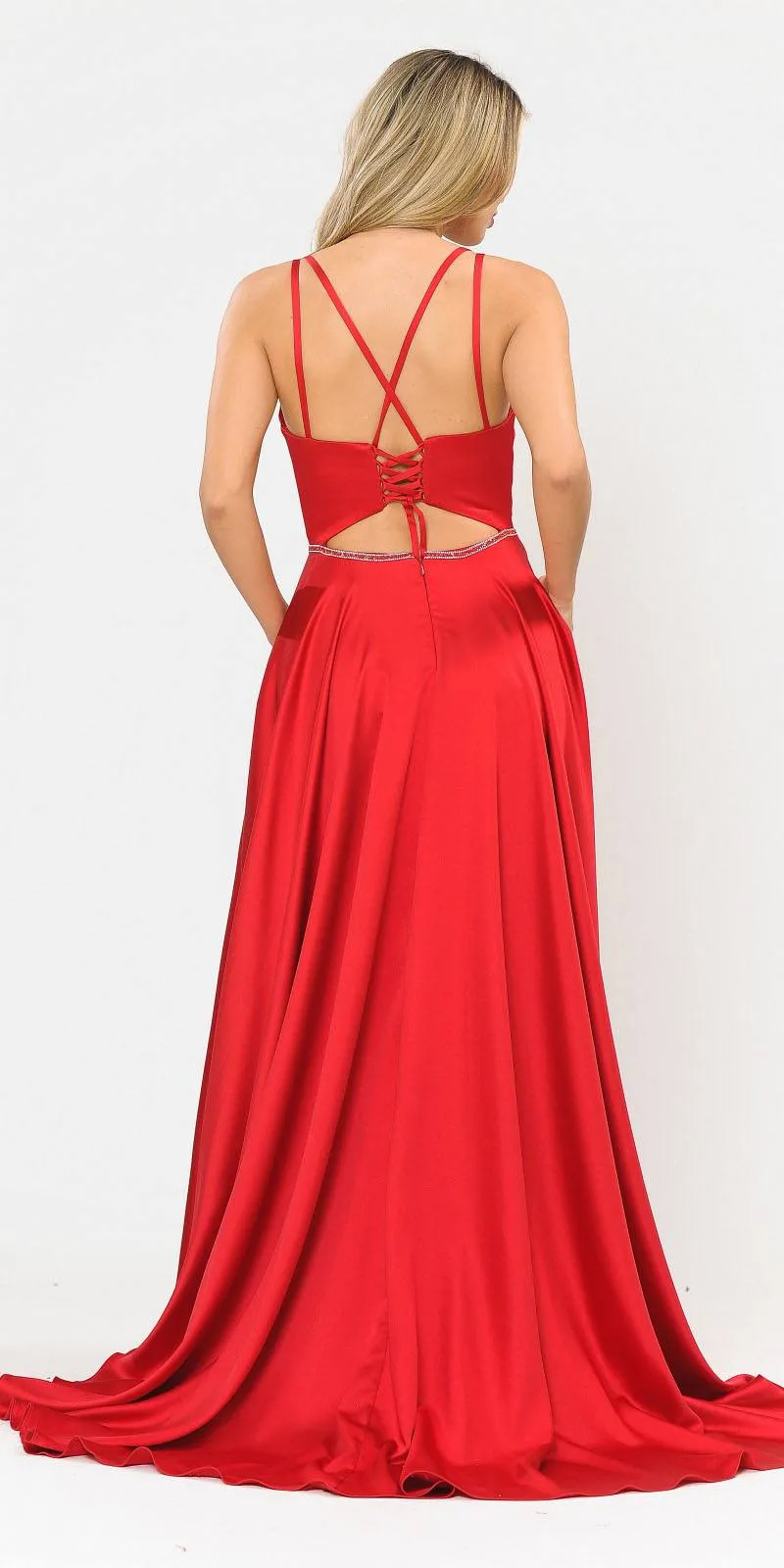 Poly USA 8652 Long Romper Dress with Cut-Out Lace-Up Back