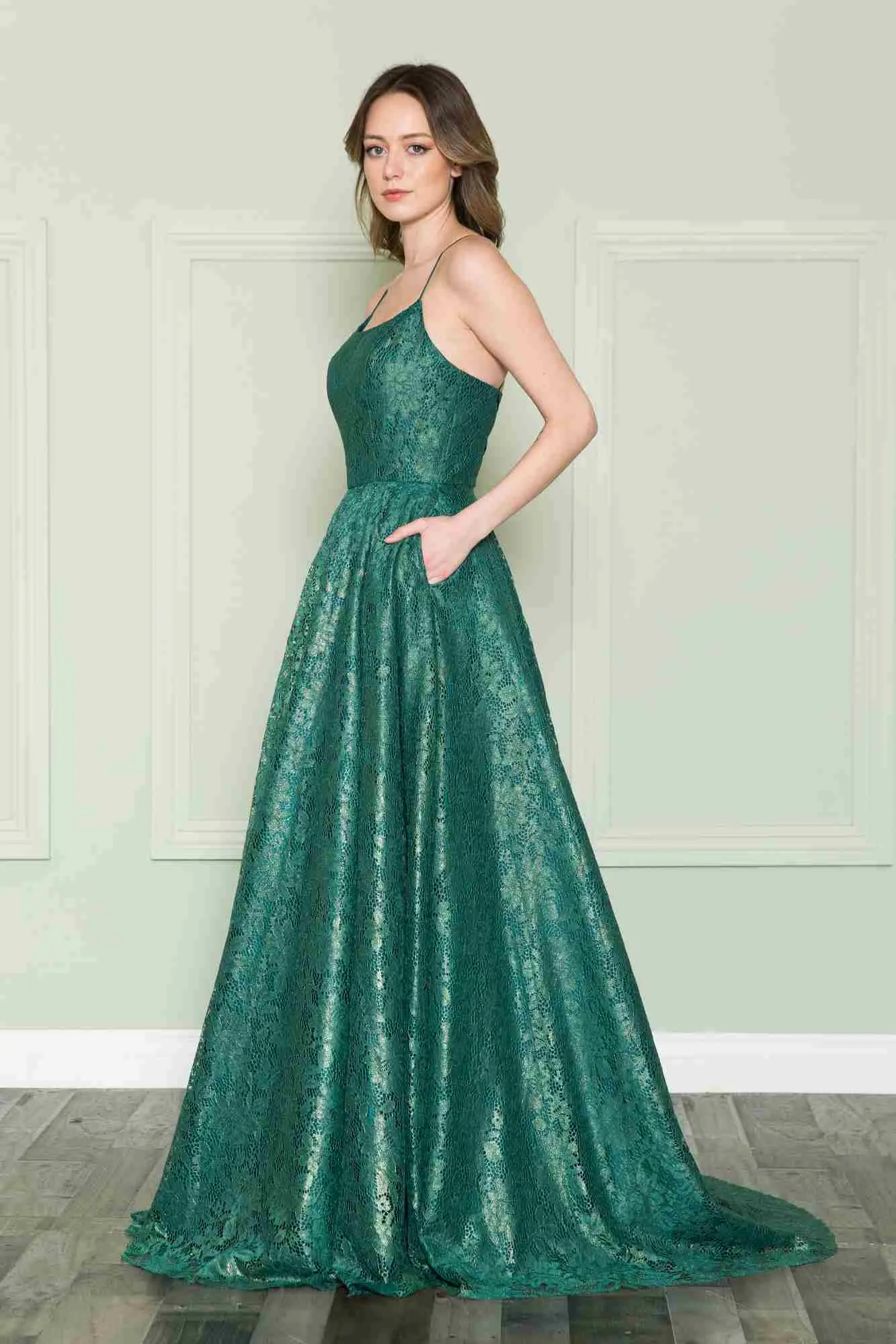 Poly USA 8862 Floor Length Full Lace A-Line Spaghetti Straps Dress