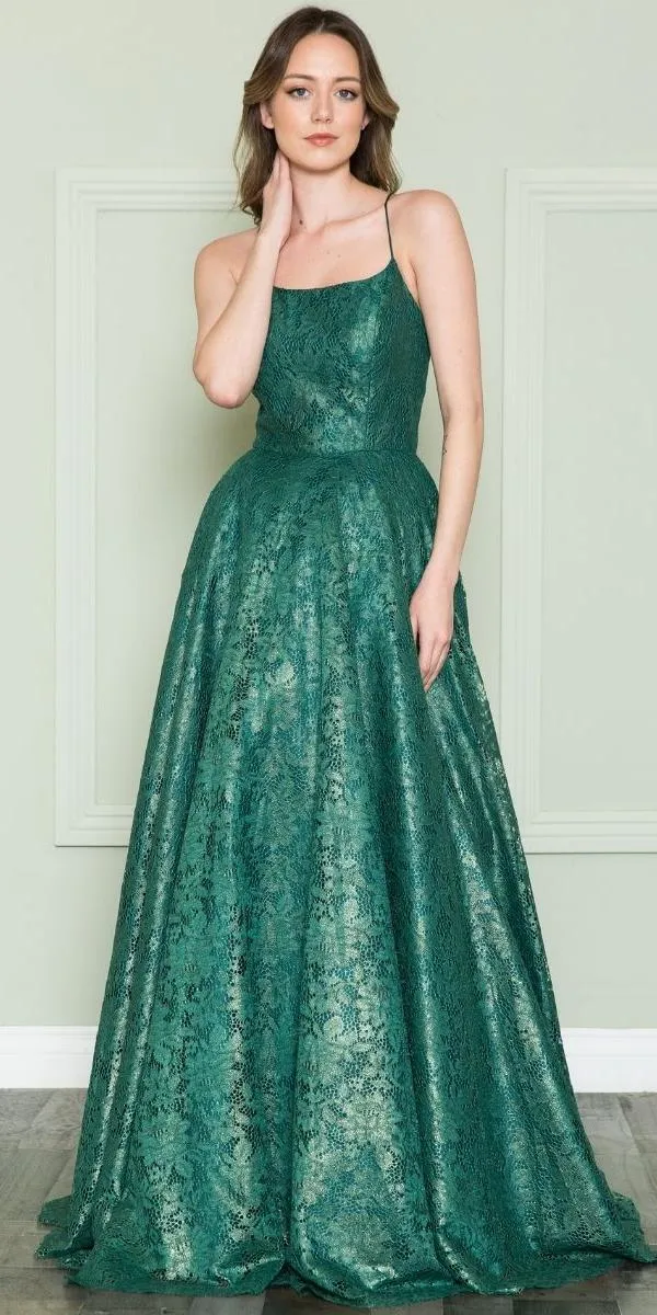 Poly USA 8862 Floor Length Full Lace A-Line Spaghetti Straps Dress