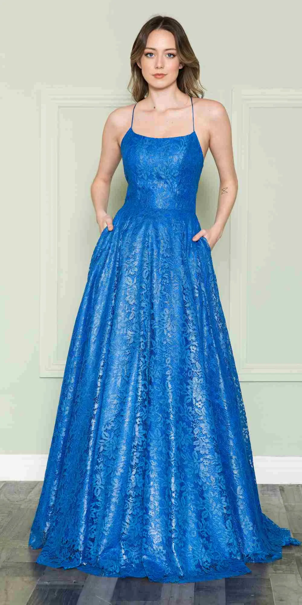 Poly USA 8862 Floor Length Full Lace A-Line Spaghetti Straps Dress