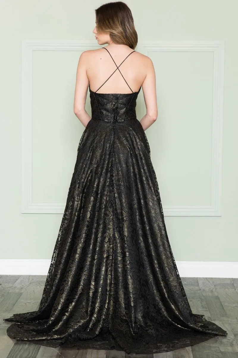 Poly USA 8862 Floor Length Full Lace A-Line Spaghetti Straps Dress