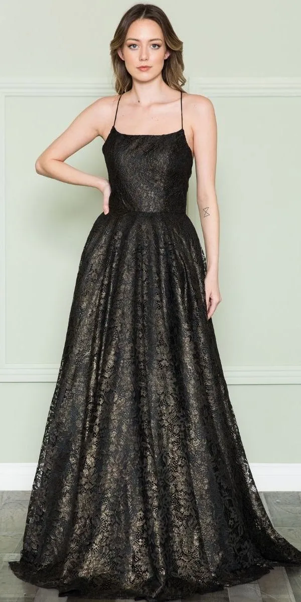 Poly USA 8862 Floor Length Full Lace A-Line Spaghetti Straps Dress