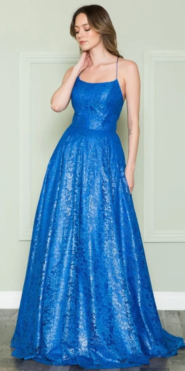 Poly USA 8862 Floor Length Full Lace A-Line Spaghetti Straps Dress