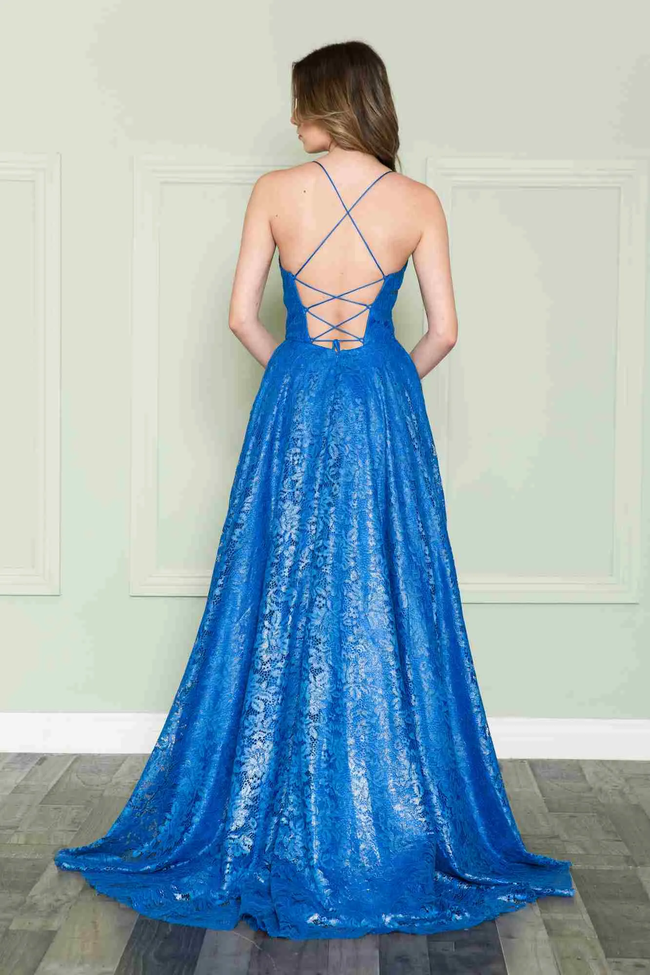 Poly USA 8862 Floor Length Full Lace A-Line Spaghetti Straps Dress