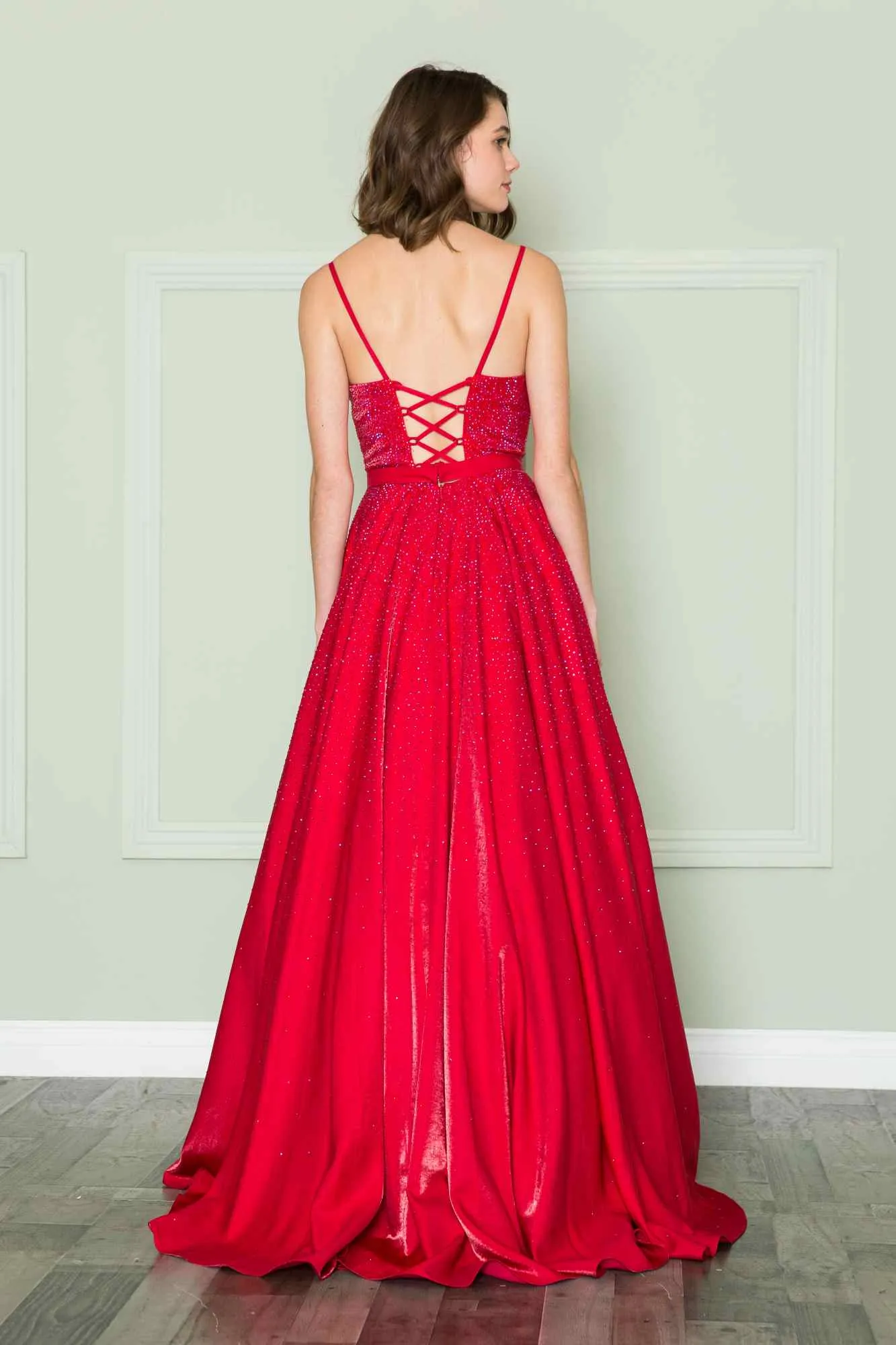 Poly USA 8888 V-Neck Floor Length Spaghetti Straps Rhinestone Dress