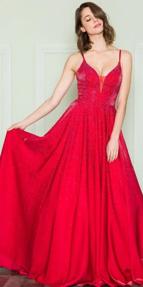 Poly USA 8888 V-Neck Floor Length Spaghetti Straps Rhinestone Dress