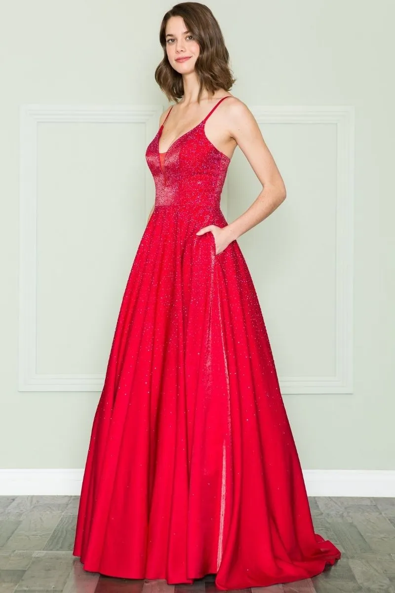 Poly USA 8888 V-Neck Floor Length Spaghetti Straps Rhinestone Dress