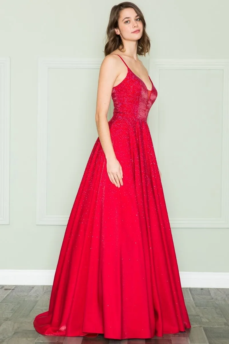 Poly USA 8888 V-Neck Floor Length Spaghetti Straps Rhinestone Dress