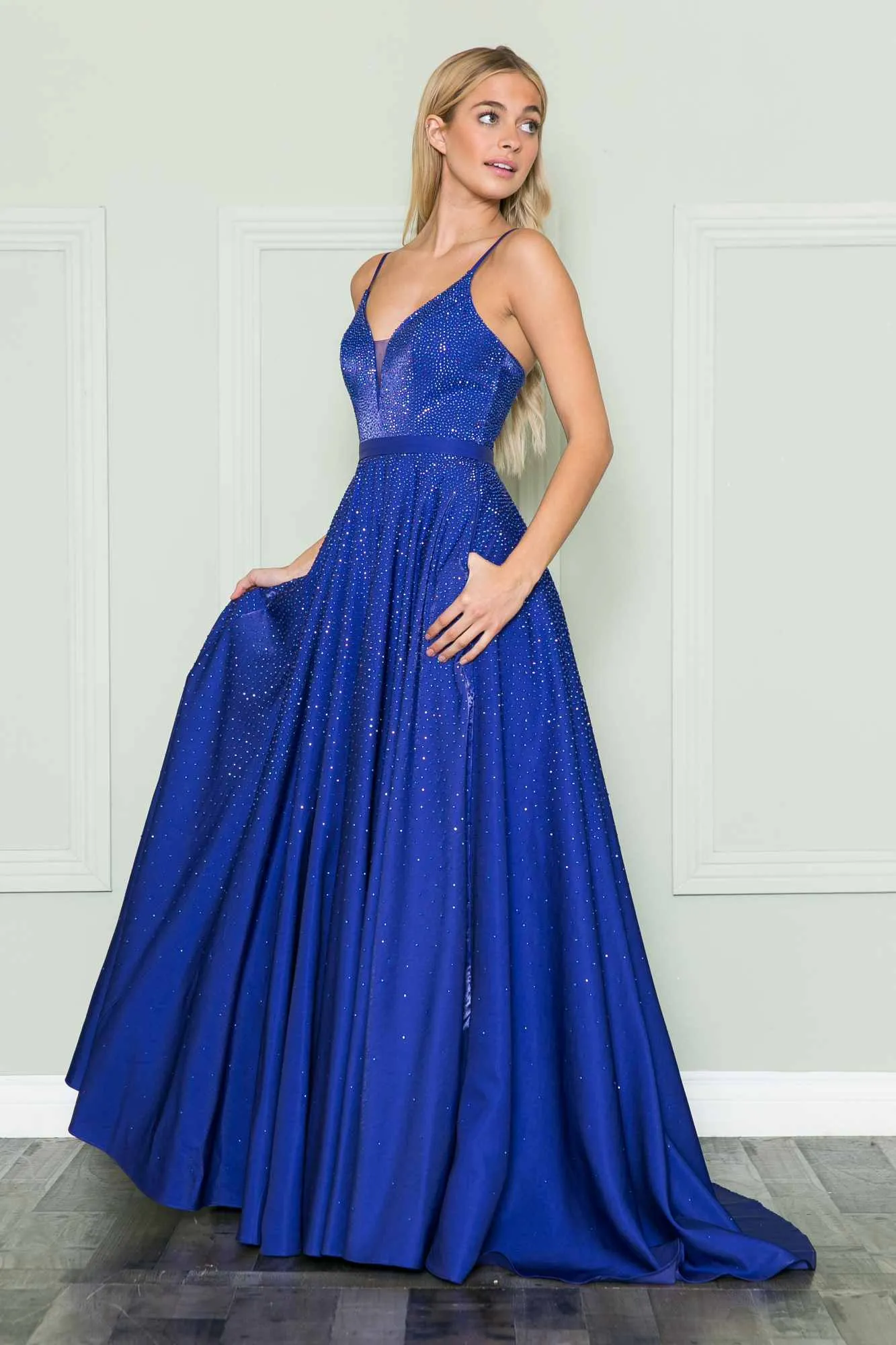 Poly USA 8888 V-Neck Floor Length Spaghetti Straps Rhinestone Dress
