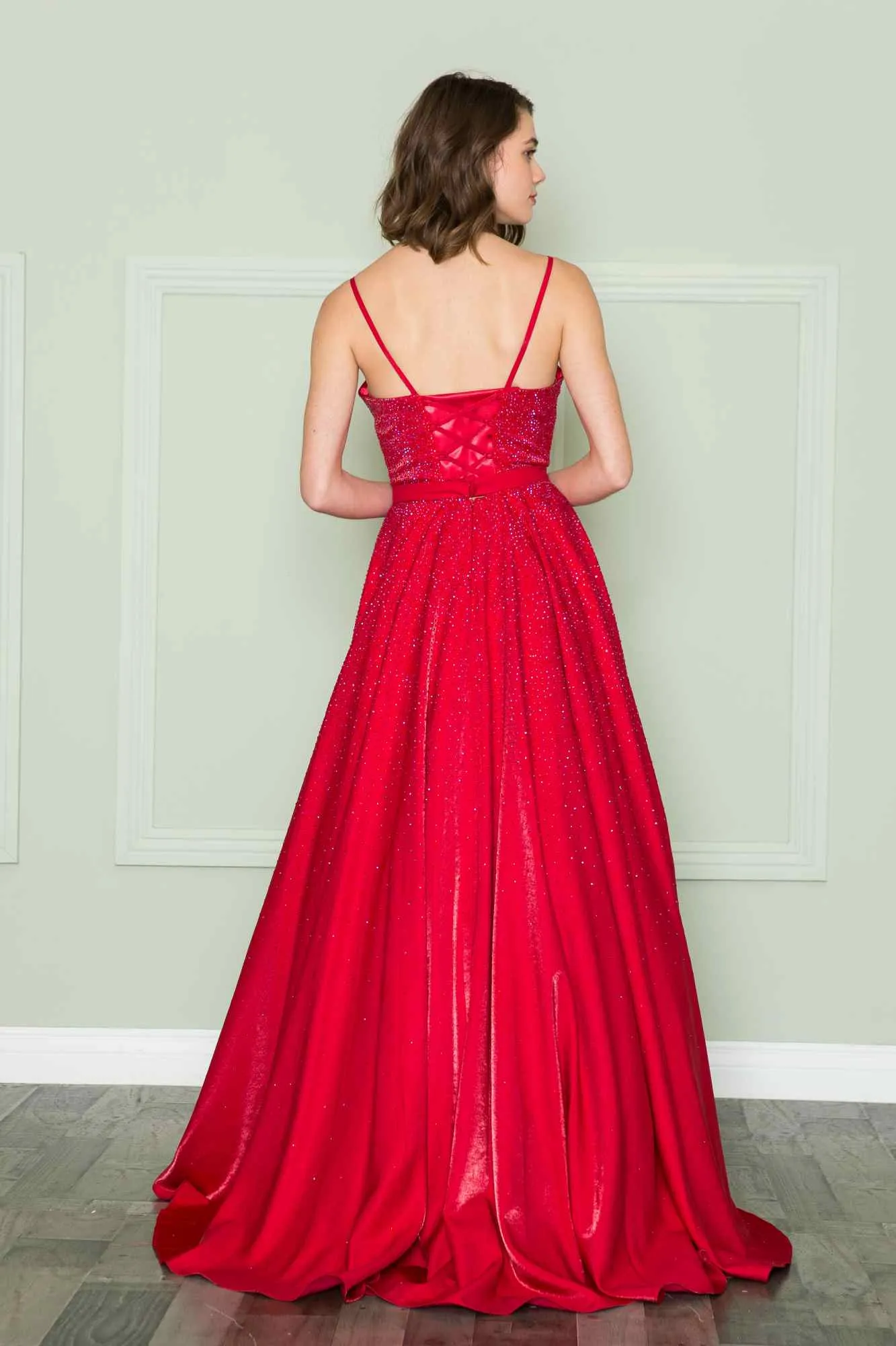 Poly USA 8888 V-Neck Floor Length Spaghetti Straps Rhinestone Dress