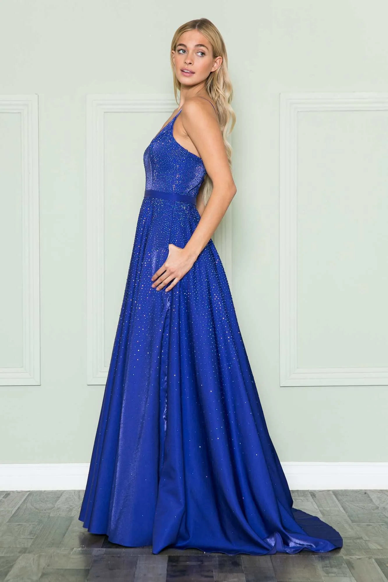 Poly USA 8888 V-Neck Floor Length Spaghetti Straps Rhinestone Dress
