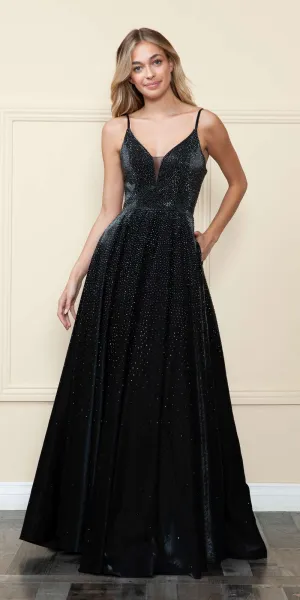 Poly USA 8888 V-Neck Floor Length Spaghetti Straps Rhinestone Dress