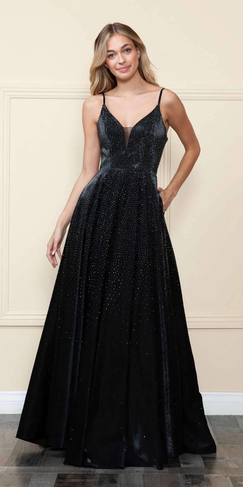 Poly USA 8888 V-Neck Floor Length Spaghetti Straps Rhinestone Dress