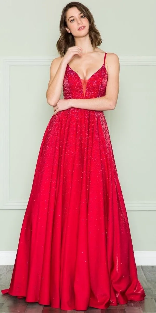 Poly USA 8888 V-Neck Floor Length Spaghetti Straps Rhinestone Dress