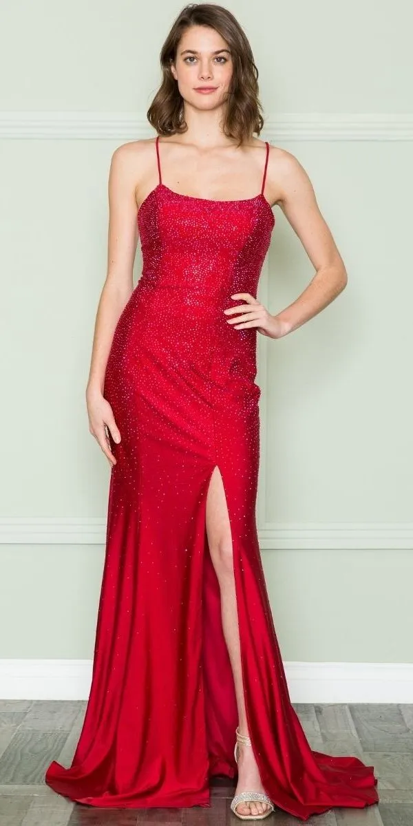 Poly USA 8894 Corset Back Square Neck Iridescent Rhinestones Dress
