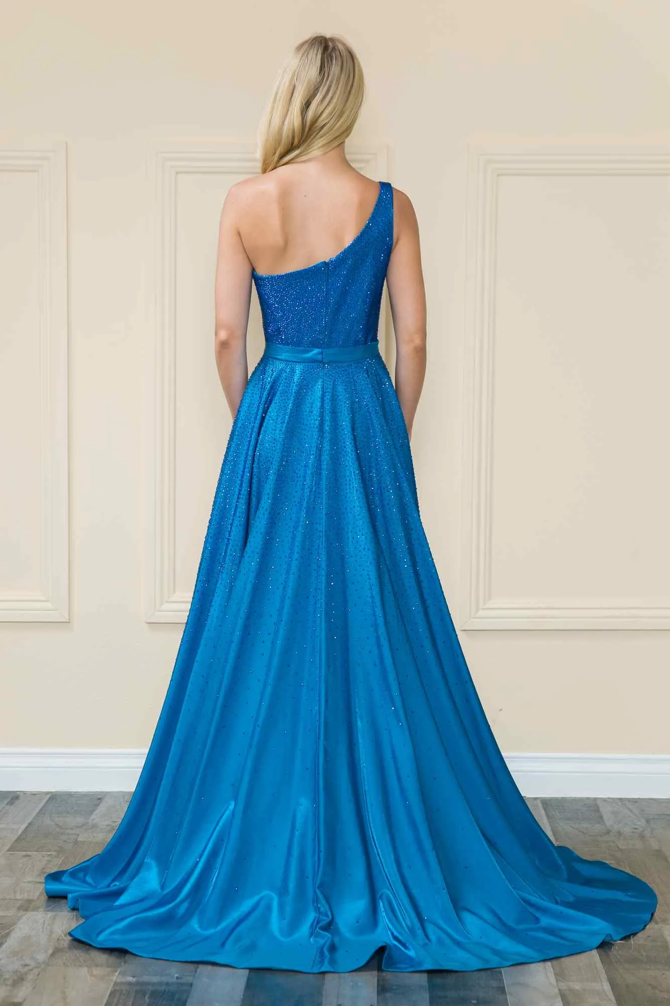 Poly USA 8920 Floor Length One Shoulder Rhinestones Bodice Dress