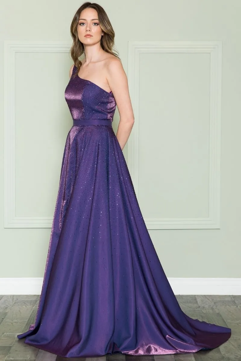 Poly USA 8920 Floor Length One Shoulder Rhinestones Bodice Dress
