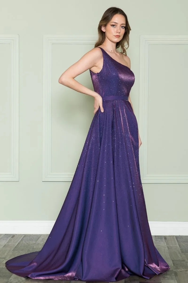 Poly USA 8920 Floor Length One Shoulder Rhinestones Bodice Dress