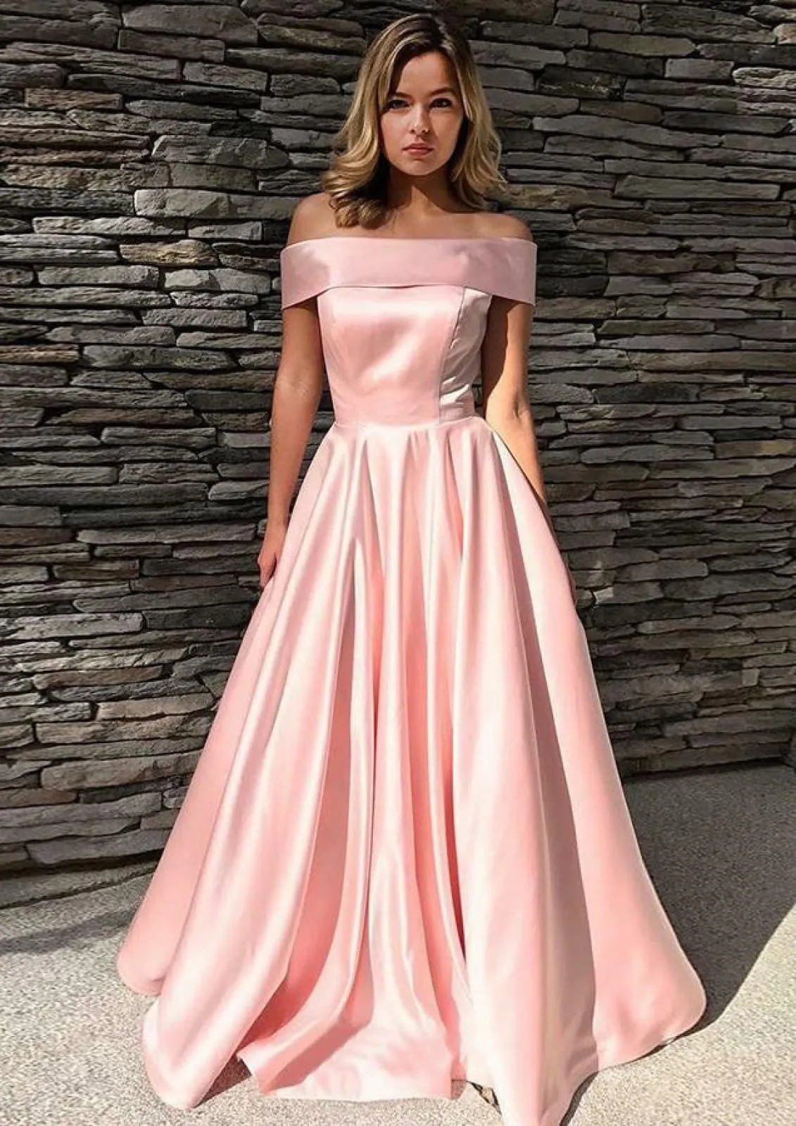 Princess Off Shoulder Straight Neck Floor Length Sweep Fuchsia Satin Prom Dress
