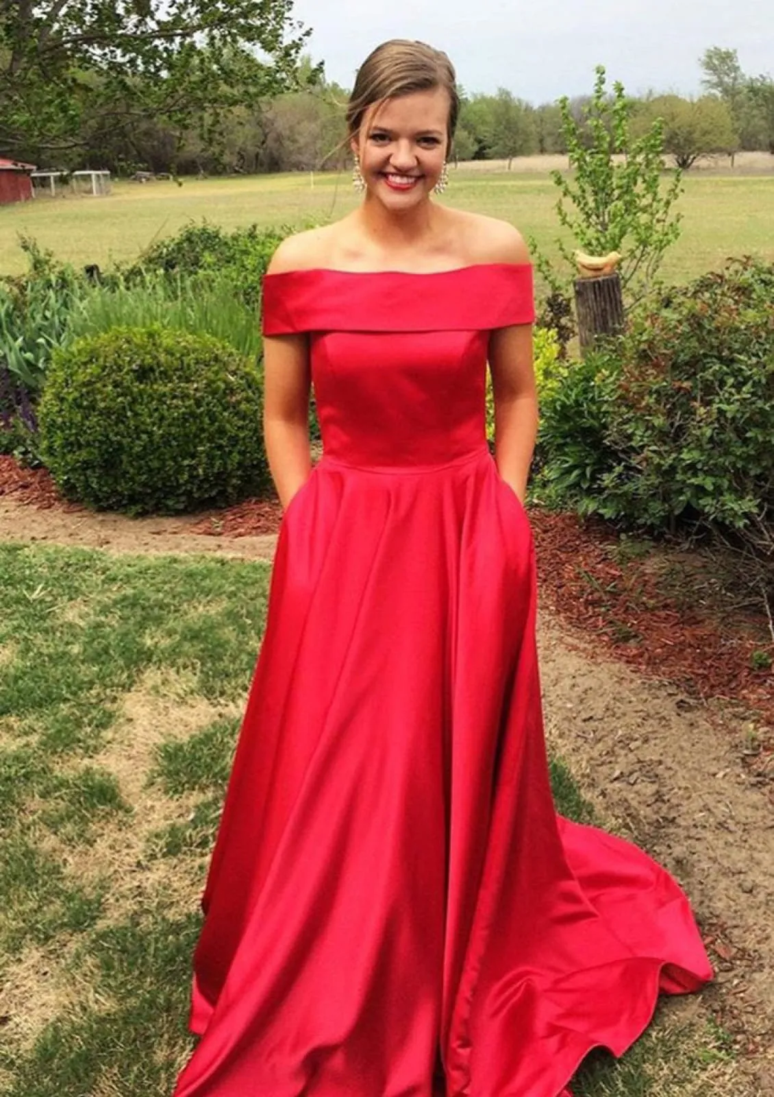 Princess Off Shoulder Straight Neck Floor Length Sweep Fuchsia Satin Prom Dress